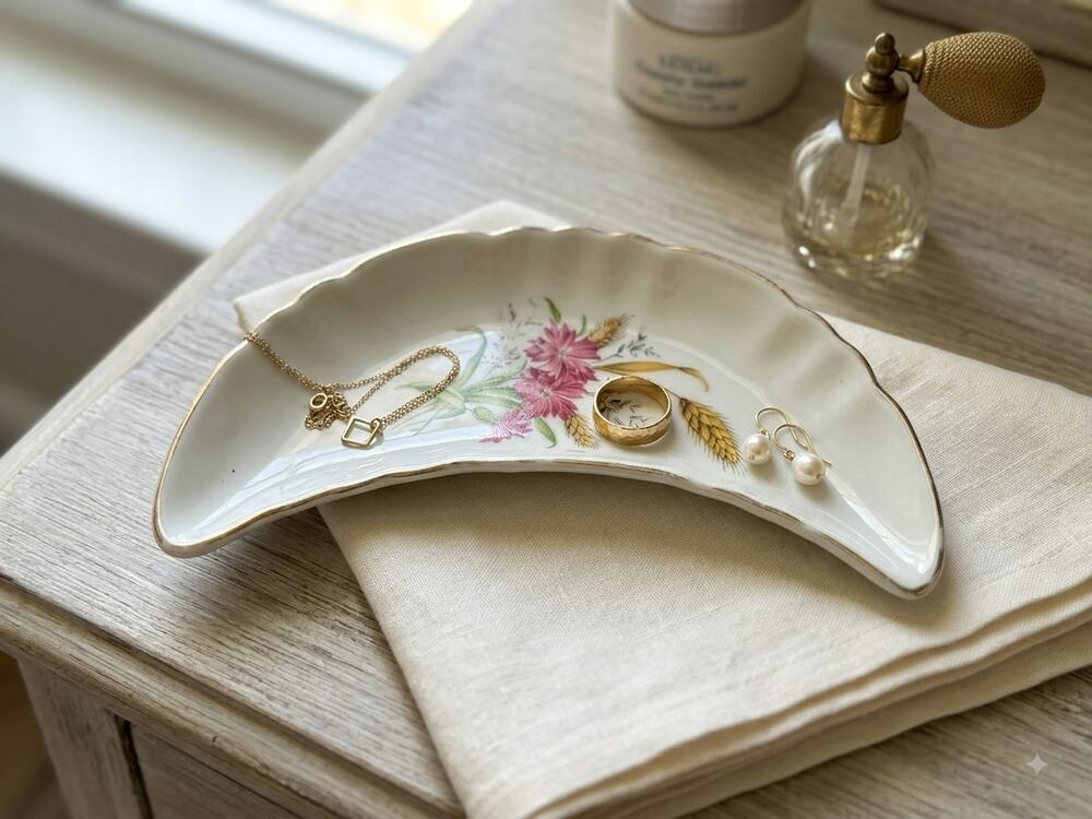 Vintage Chadwick Porcelain Crescent Bone Dish Pink Floral Wheat Gold Trim